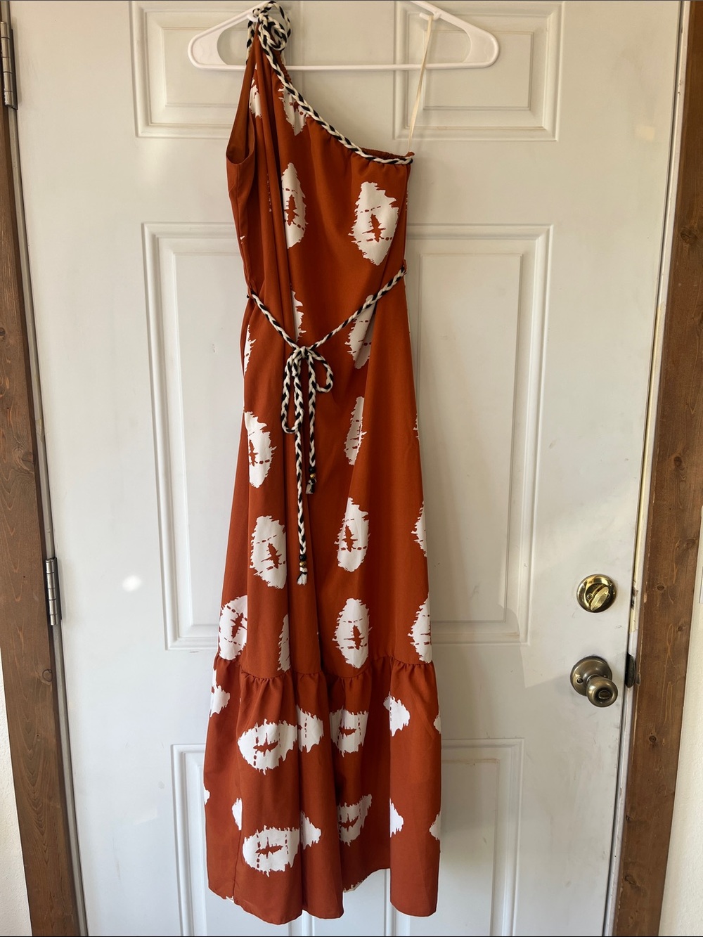 One-Shoulder Rust Printed Maxi Dress with Braided Tie
